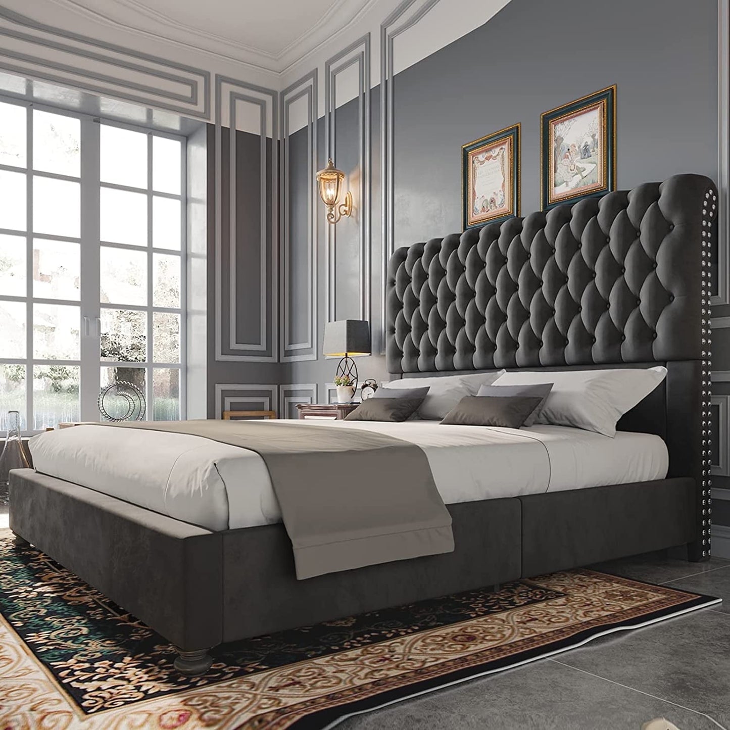 VanAcc Upholstered Bed Frame with Velvet Tufted and Sleigh Headboard