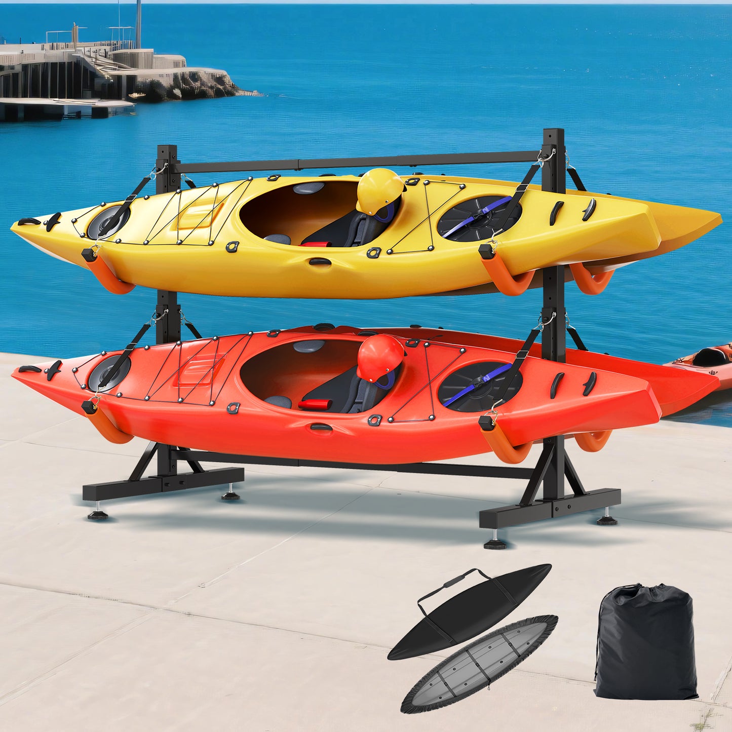 Jocisland Freestanding Kayak Storage Rack for 2 Kayaks, Adjustable Width Stand with Stable T-Base, EVA Tube Sleeves, for Indoor Outdoor Garage