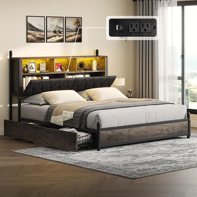 VANACC Bed Frame with Bookcase Headboard and 4 Storage Drawers, Wooden Platform Bed with Charging Station and LED Light, No Box Spring Needed/Noise-Free