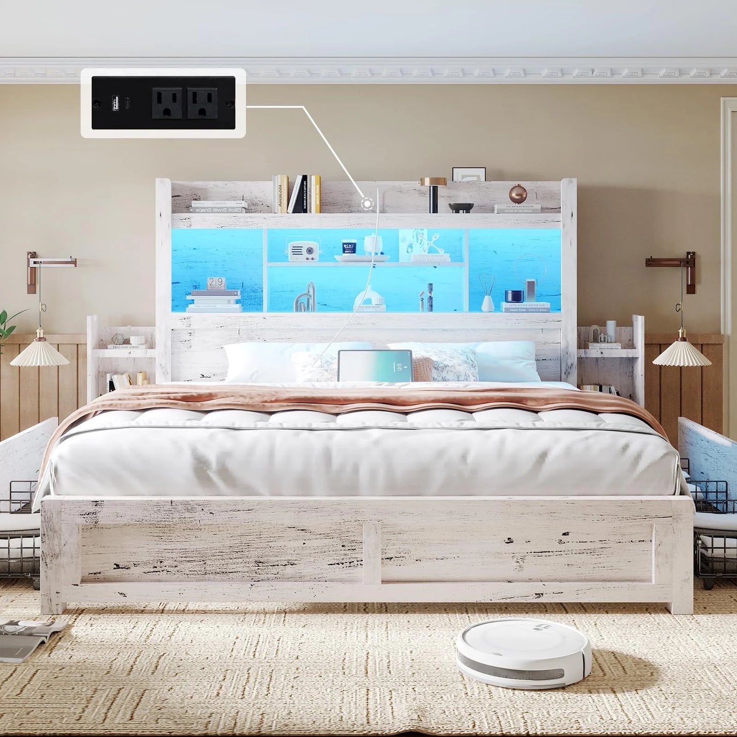 VANACC Bed with 49.6" Bookcase Headboard, Dual Side Storage Racks, 4 Drawers, Built-in RGB LED Lighting, Charging Station – No Box Spring Required