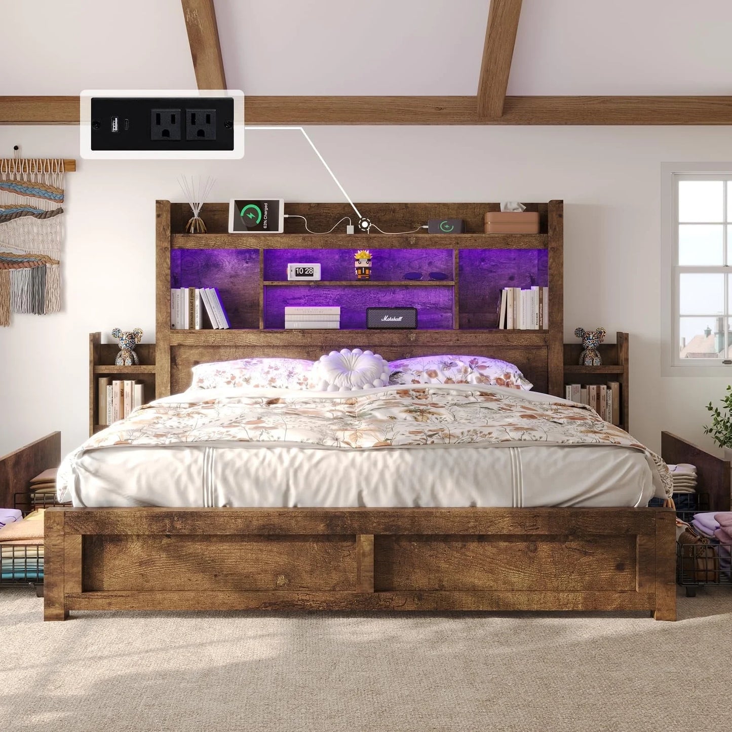 VANACC Bed with 49.6" Bookcase Headboard, Dual Side Storage Racks, 4 Drawers, Built-in RGB LED Lighting, Charging Station – No Box Spring Required
