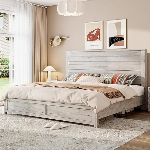 VANACC Bed Frame with 49" Tall & Full-Panel Headboard, Farmhouse Platform Bed with Wood Slats & Metal Bed Frame, No Box Spring Needed/Noise Free