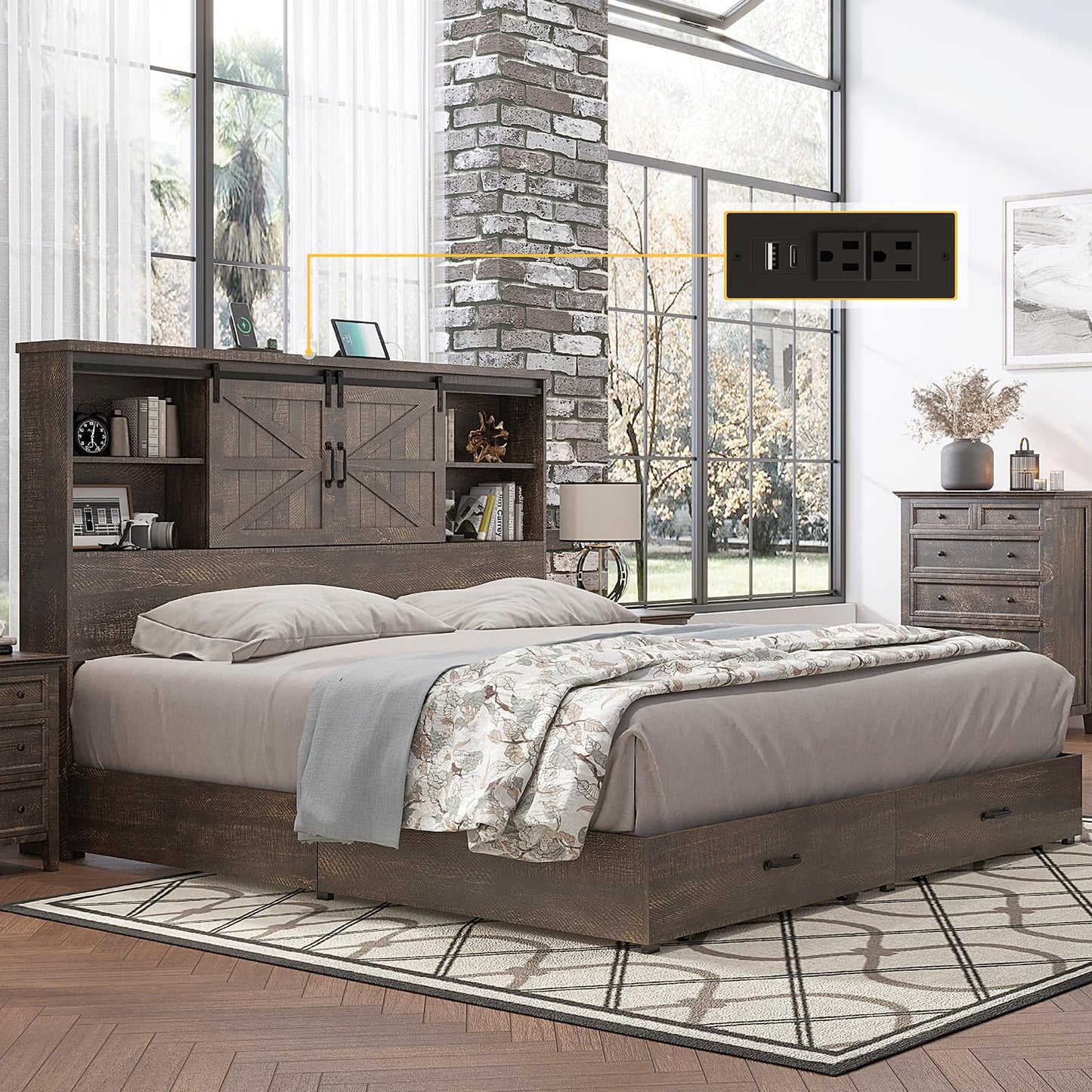 VANACC Wooden Platform Storage Bed Frame with 51.2" Wood Bookcase Headboard