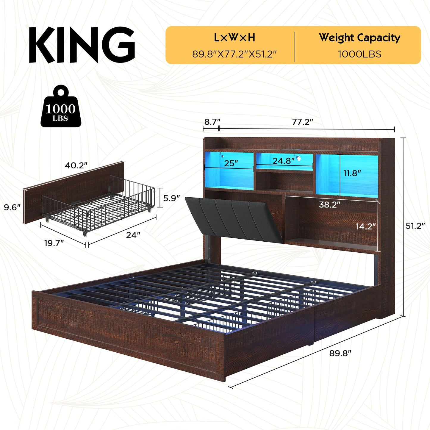 LUXOAK Full Farmhouse Bed Frame with Bookcase Headboard and 4 Drawers, LED Storage Bed with Charging Station & Linen Upholstered, No Box Spring Needed, Distressed White