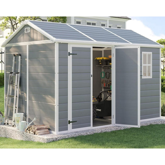 LUXOAK 10.5x7.6x7.5 FT Resin Storage Shed with Floor, Tool Shed Outdoor Storage with Vents, Windows, and Stainless Steel Cores, for Bicycles/Lawnmowers/Pool Supplies, Grey