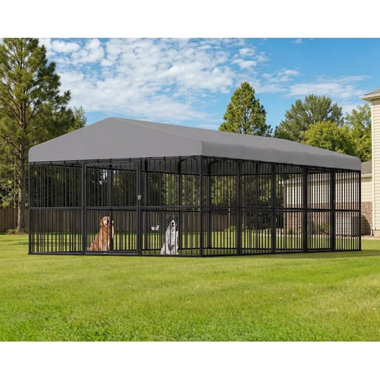LUXOAK 10x16x6.4 ft Outdoor Dog Kennel with 2 Doors, Waterproof Roof and Steel Frame