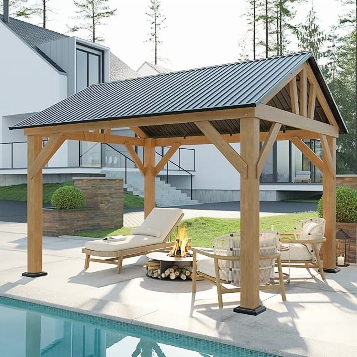 LUXOAK Hardtop Wood Gazebo with Steel Gable for Garden, Porch, Patio