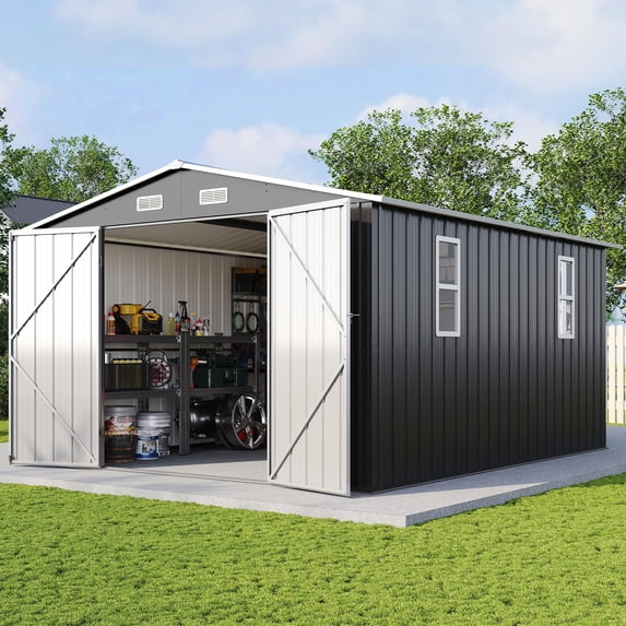 LUXOAK 10x12x6.6 ft Metal Storage Shed, Outdoor Tool Shed with 2 Diy Windows, Hinged Double Doors and Vents, Steel Frame for Backyard, Dark Grey