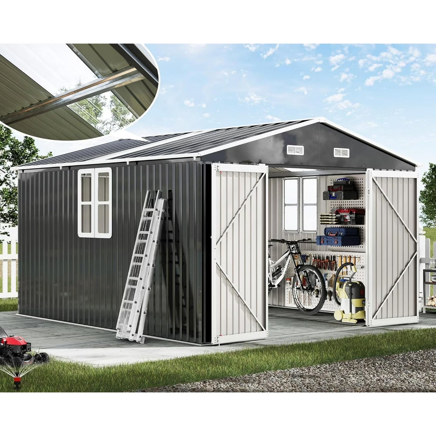 LUXOAK 10x12x7 ft Galvanized Steel Storage Shed with 2 4-Pane Windows Hinged Double Doors, Outdoor Shed for Backyard, Garden, Garden, Dark Grey/White