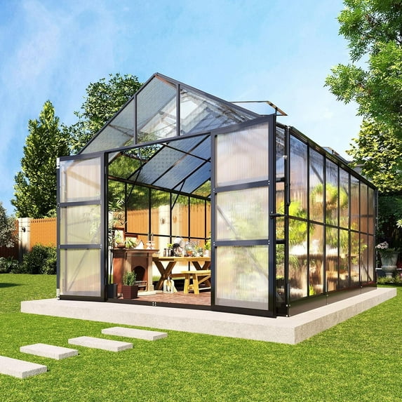 LUXOAK Polycarbonate Greenhouse with 4 Roof Vents & Rain Gutter, Heavy Duty Aluminum Greenhouse for Outdoor Garden Backyard