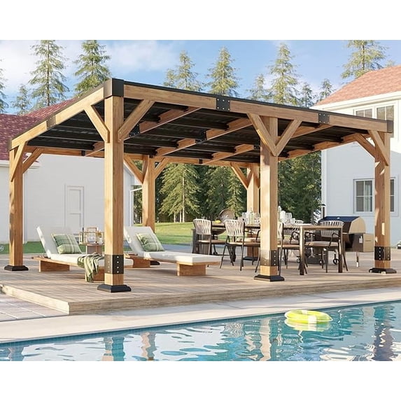 LUXOAK Outdoor Gazebo - Solid Wood & Metal Hardtop, Sloped Roof Pavilion