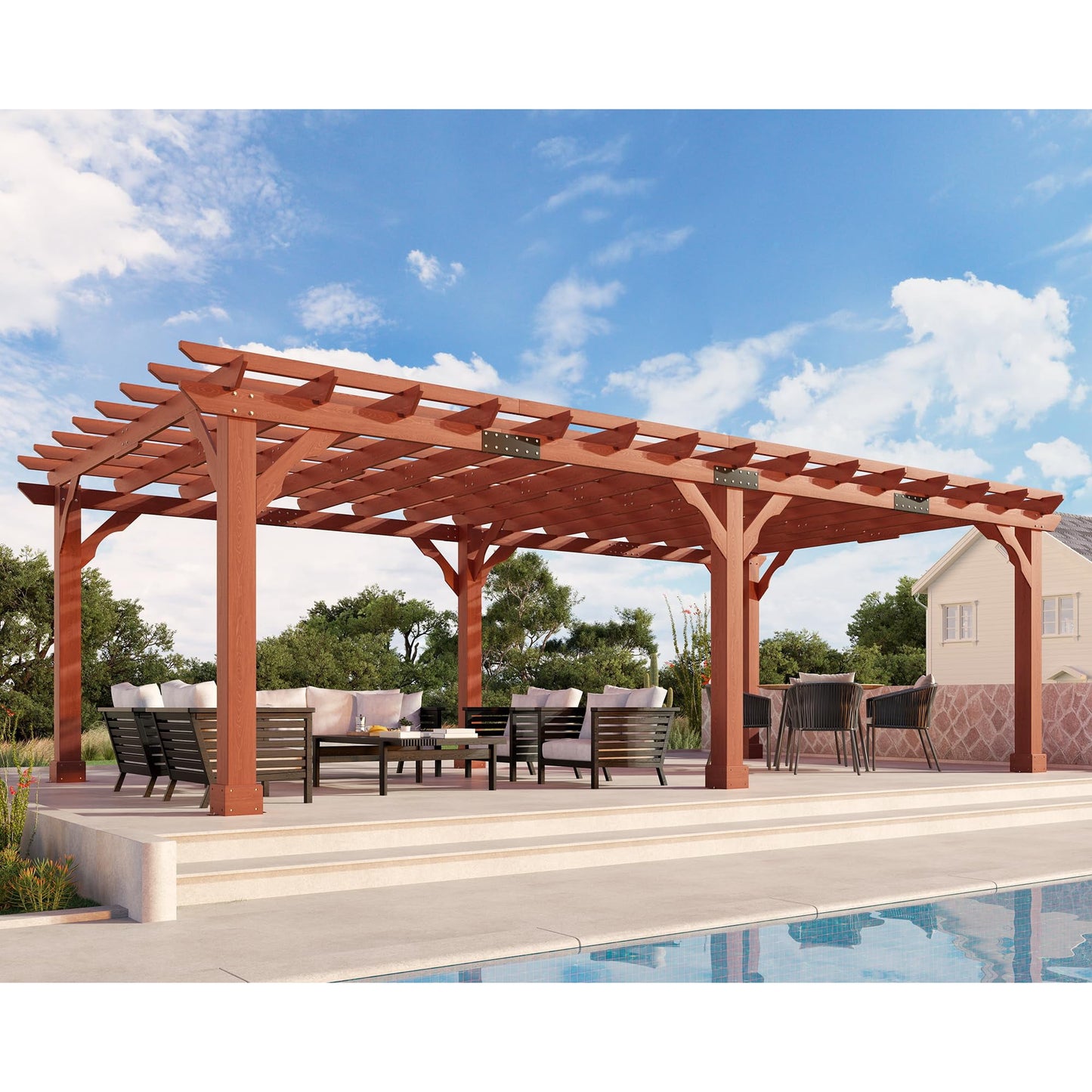 LUXOAK 12x24 FT Premium Cedar Wood Pergola with Trellis Roof & Weather-Resistant Support, Garden Gazebo for Patio, Backyard & Events, Reddish-Brown