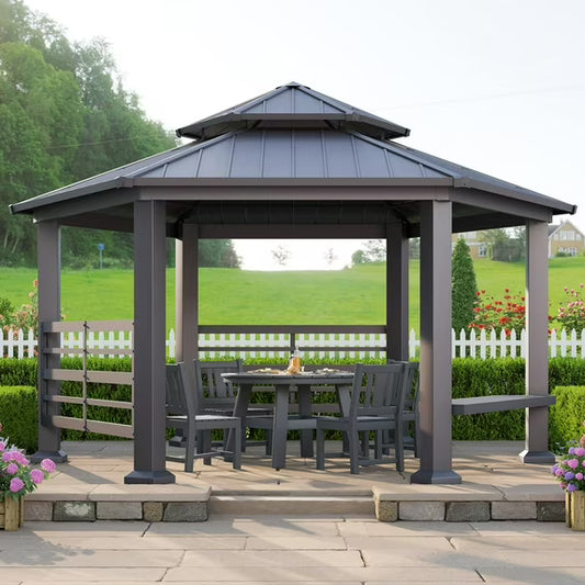 LUXOAK 13X15 FT Hardtop Gazebo, Hexagon Metal Patio, Double Roof Pavilion with Aluminum Foot
