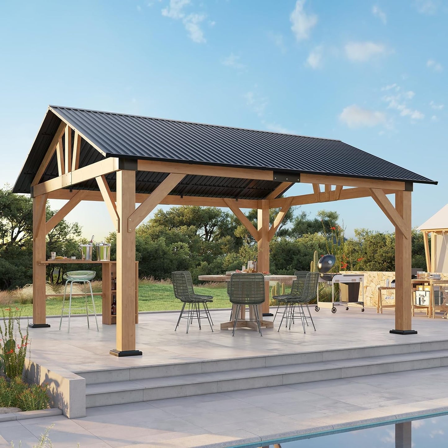LUXOAK Hardtop Wood Gazebo with Steel Gable for Garden, Porch, Patio