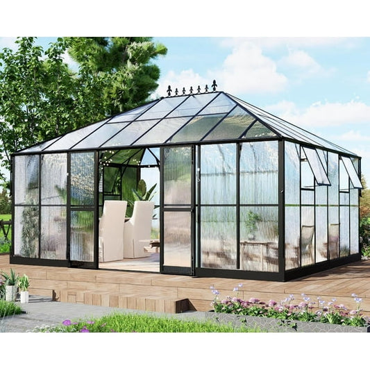 LUXOAK 16x12x9.5 ft Polycarbonate Greenhouse, Aluminum with 2 Vent Windows and Rain Gutter, Double Doors with Hook, Walk-in for Garden Backyard