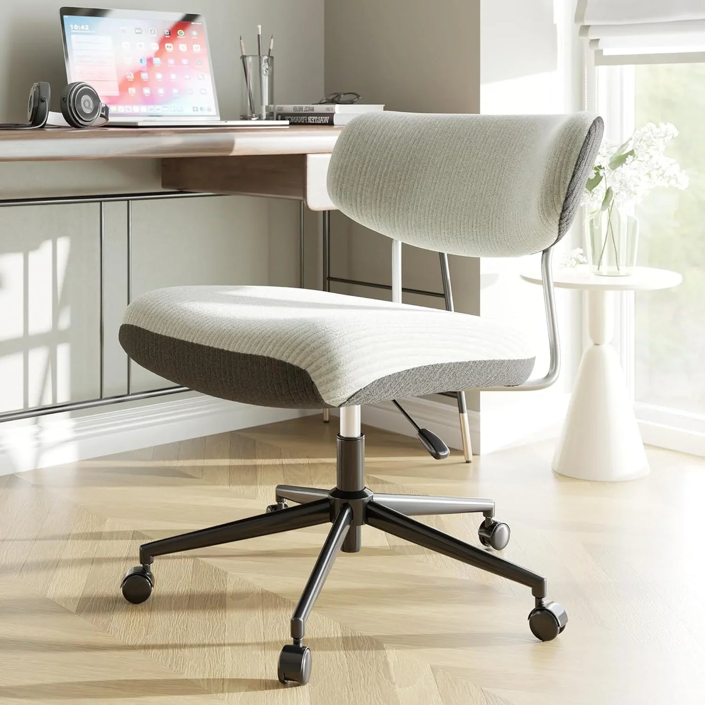 360° Swivel Armless Office Chair with Ergonomic Backrest, Height Adjustable, Bouclé Upholstered Seat, Contrast Color, Home/Office Chair, White & Green