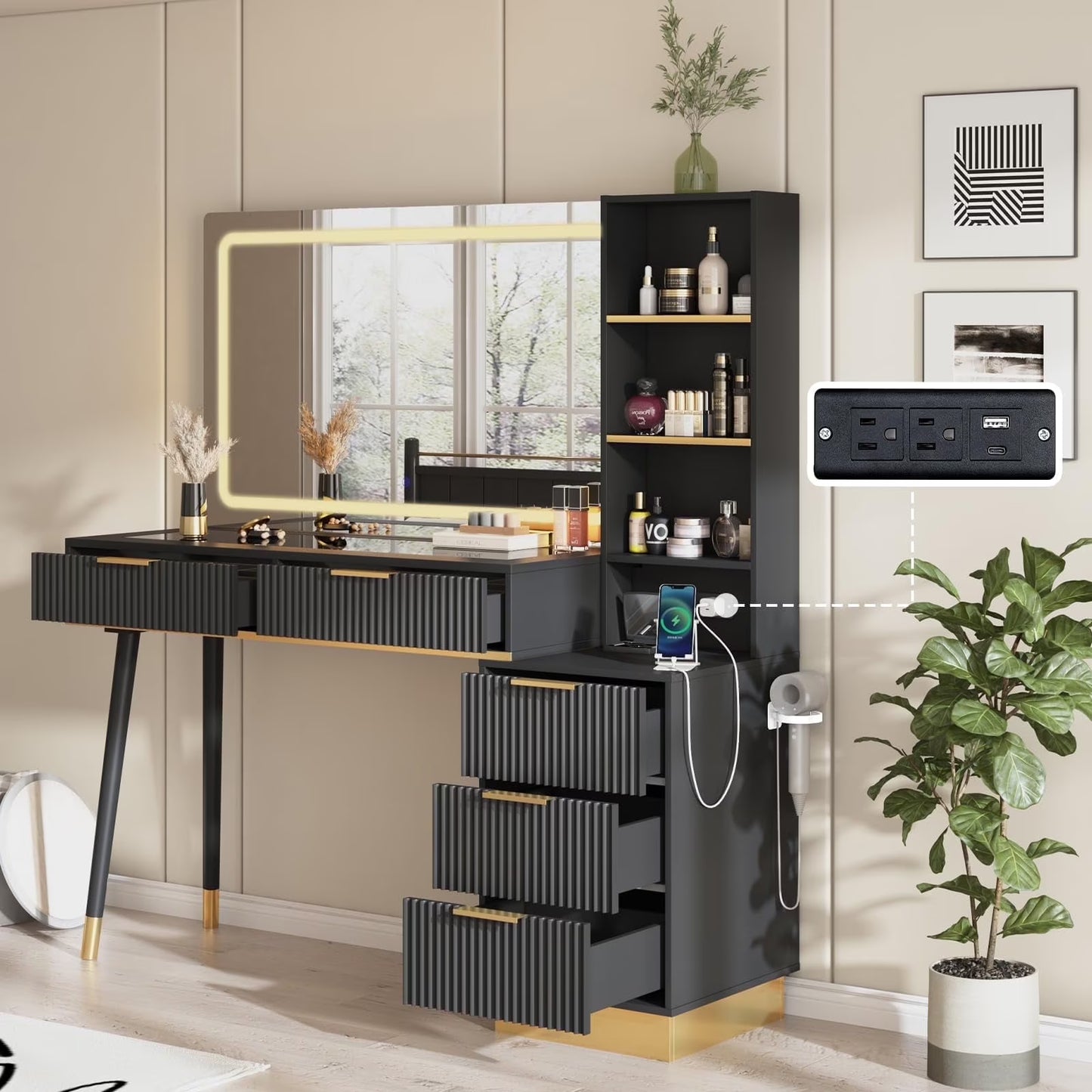 LUXOAK 48" Vanity Desk with 35" Lighted Mirror, Large Makeup Vanity Cabinet with 5 Drawers