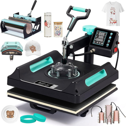 LUXOAK 5-in-1 Combo Heat Press, 15x15 360° Swing Away Heat Press Machine for T Shirts Mugs Hat Plate Cap, Digital Sublimation Device, Green Black