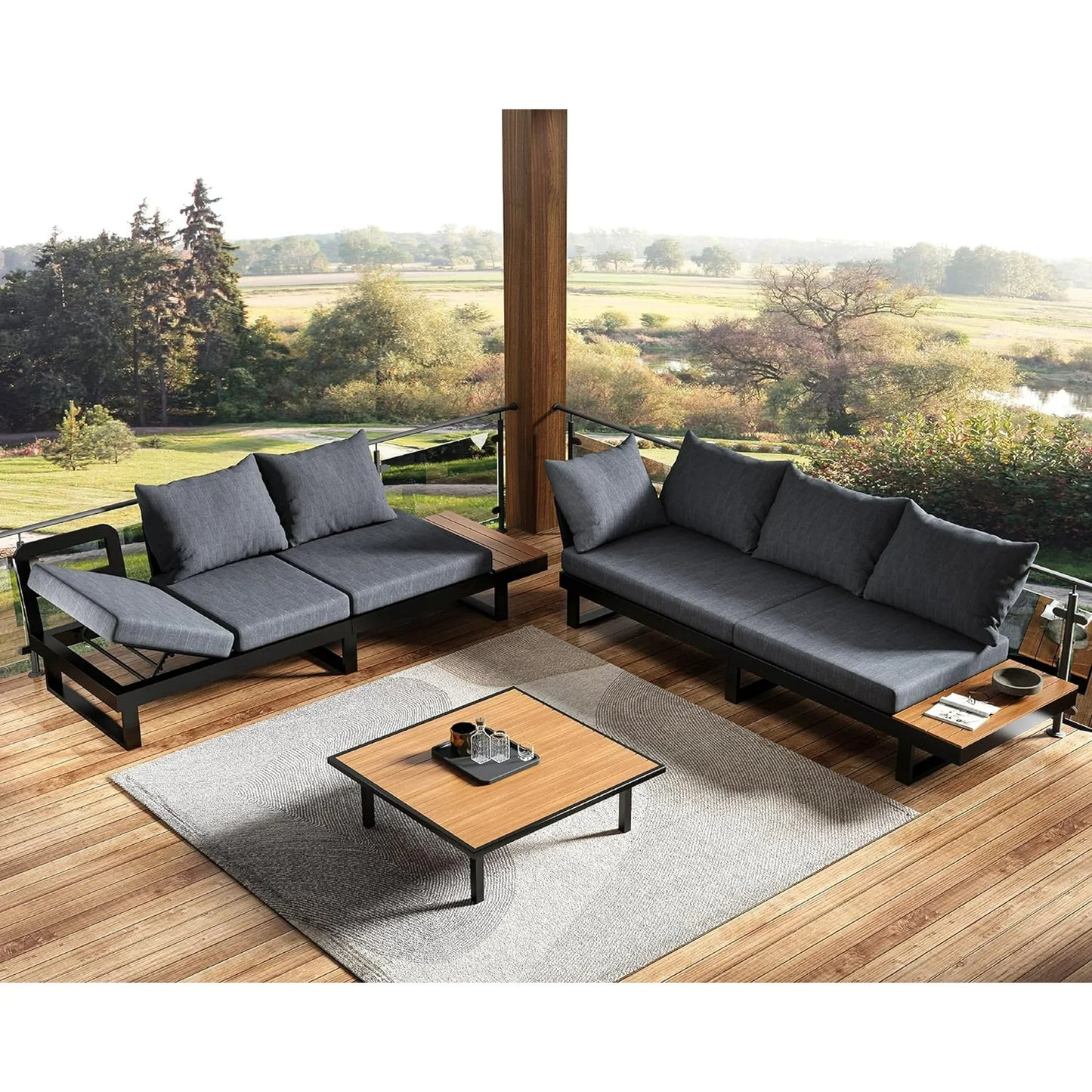 3-Piece Patio Furniture Sets, Outdoor Aluminum Furniture Sofa, with Wood Side Table & Washable Cushions（Handrail Model）