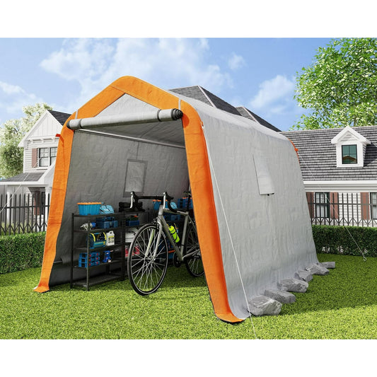 LUXOAK 6x8x6.6 ft Heavy Duty Portable Shed Storage Shelter, Outdoor Storage Shed with Roll-up Zipper Door & 2 Waterproof Windows, Carport for Motorcycle, Bike, Grey