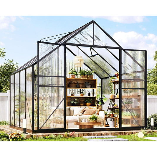 LUXOAK 8x8x7 FT Polycarbonate Greenhouse, Walk-in Aluminum with 2 top-opening windows, 2 Swing Doors, Heavy Duty Outdoor Garden Greenhouse, Black