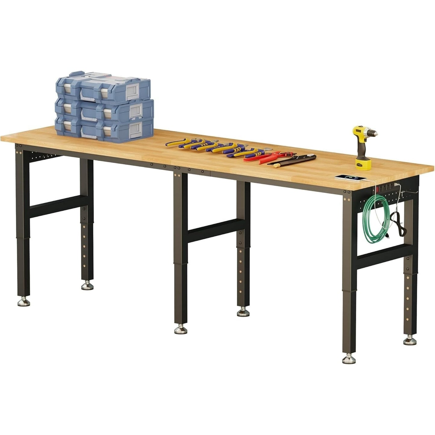LUXOAK Adjustable Workbench with Power Outlets, 2000 Lbs Capacity Rubber Wood Top Work Benches for Garage, Heavy Duty Work bench, Office, Studio