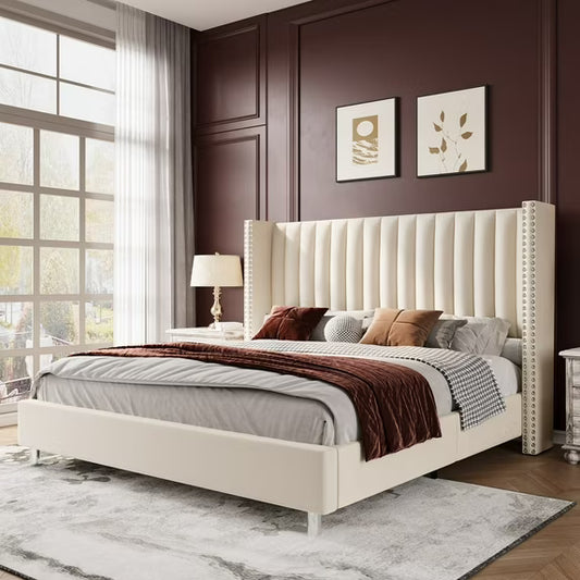 LUXOAK Bed Frame Upholstered Bed Wingback Headborad Velvet Channel Tufted/No Box Spring Needed