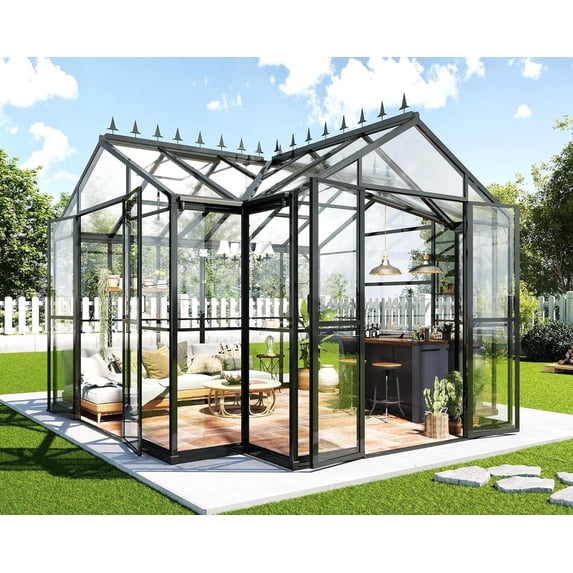 LUXOAK Chalet Greenhouse 12x10x8 ft with Quick-Connect Fittings, Walk-in Aluminum Greenhouses for Garden, with 2 Hinged Doors and 2 Vents, Black