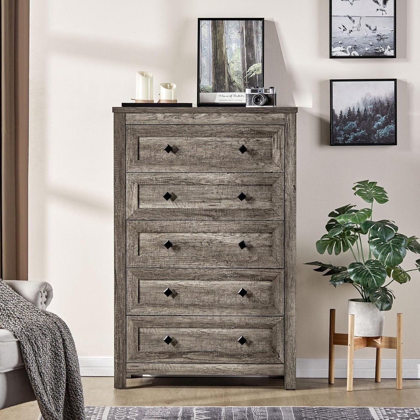 LUXOAK Farmhouse 5 Drawers Dresser, Wood Chest for Bedroom, Living Room