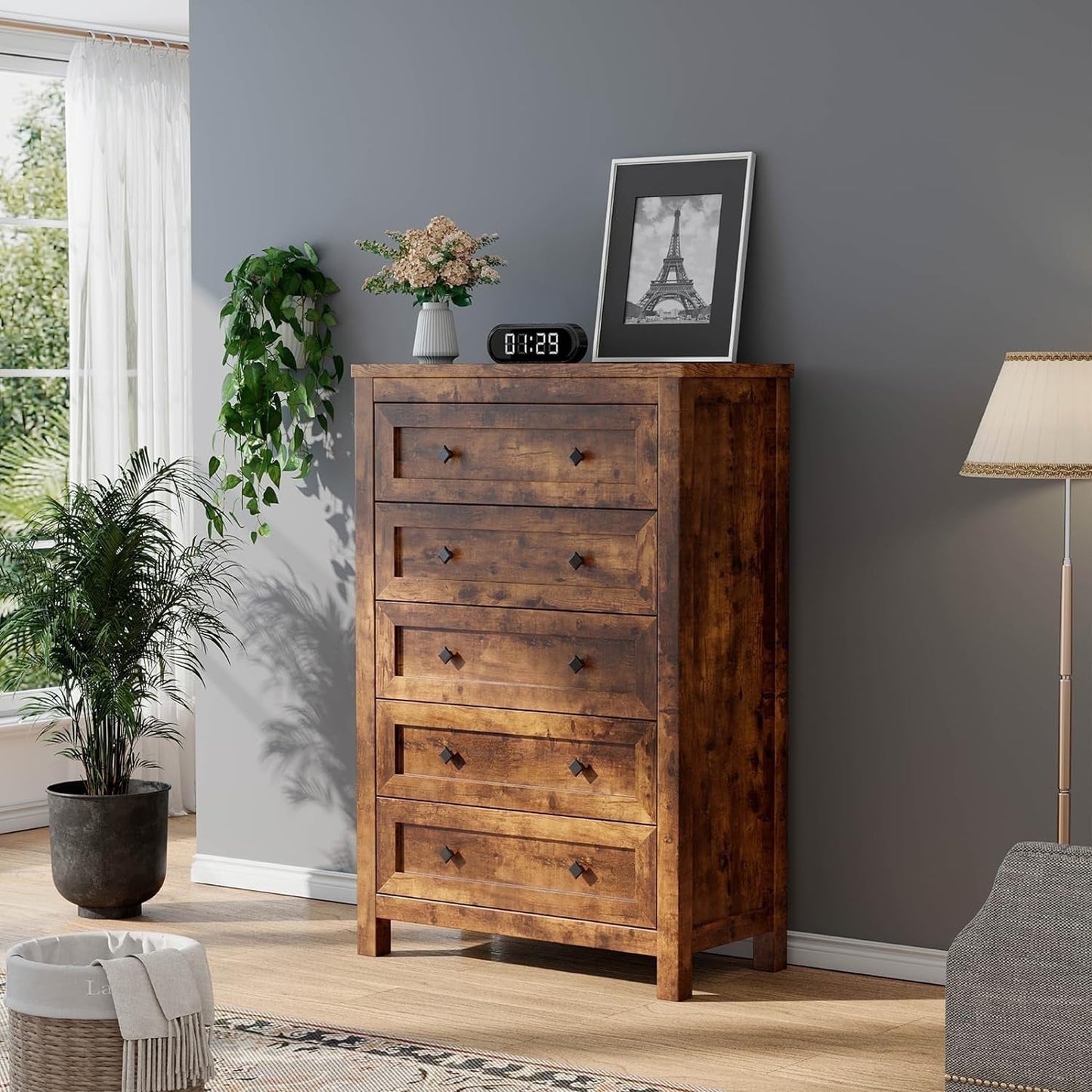 LUXOAK Farmhouse 5 Drawers Dresser, Wood Chest for Bedroom, Living Room