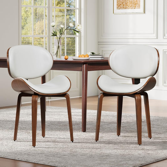 LUXOAK Faux Leather Dining Chairs set of 2, Mid Century Modern Chair with Walnut Bentwood, Dining Room Chairs with Curved Upholstered Seat, Adjustable Foots for Kitchen Dining Room Chairs