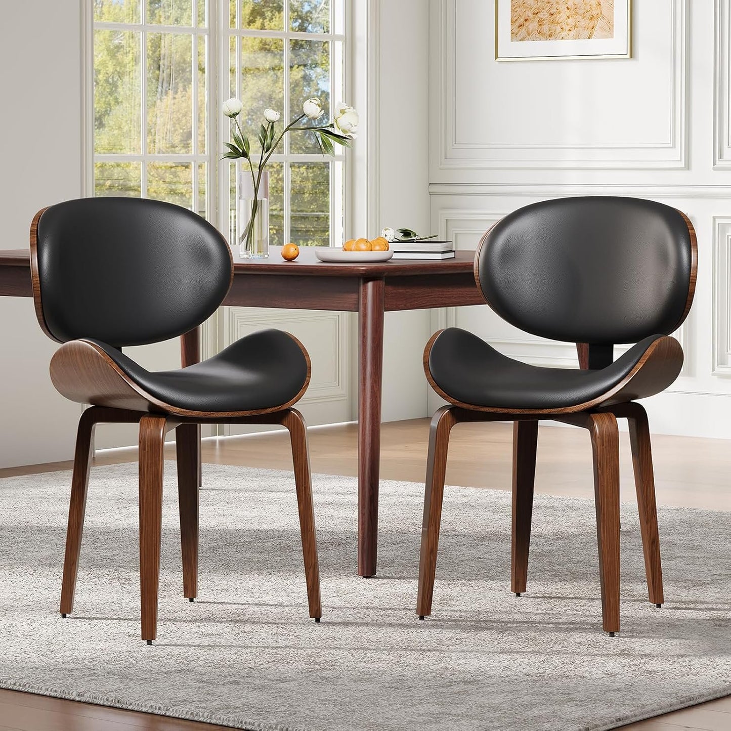 LUXOAK Faux Leather Dining Chairs set of 2, Mid Century Modern Chair with Walnut Bentwood, Dining Room Chairs with Curved Upholstered Seat, Adjustable Foots for Kitchen Dining Room Chairs