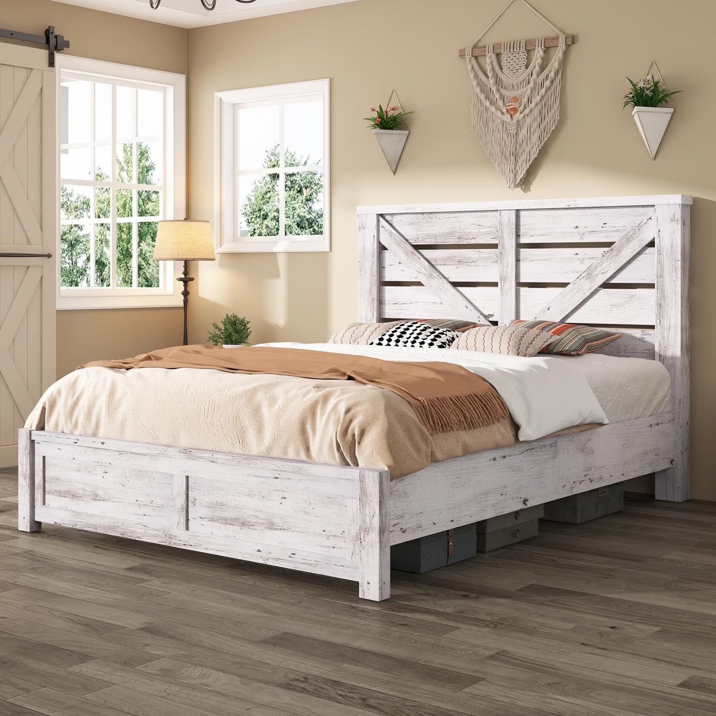 LUXOAK Farmhouse Bed Frame with Rustic Barn Door, Storage Space and Wood Slats