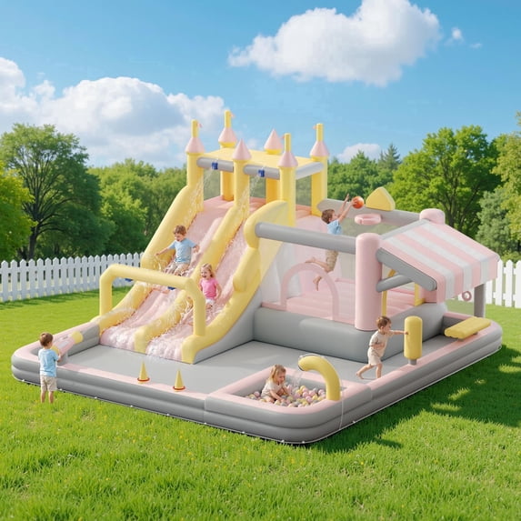 LUXOAK Inflatable Bounce House, Water Slide with Jumping Area, Climbing Wall, Splash Pool and Water Gun for Beach, Air Blower Included