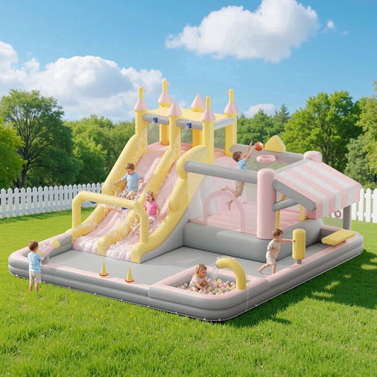 LUXOAK Inflatable Bounce House, Water Slide with Jumping Area, Climbing Wall, Splash Pool and Water Gun for Beach, Air Blower Included