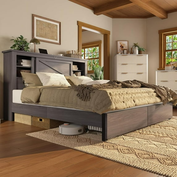 LUXOAK King Bed Frame with 2 Drawers & Charging Station, Bookcase Headboard, Grey