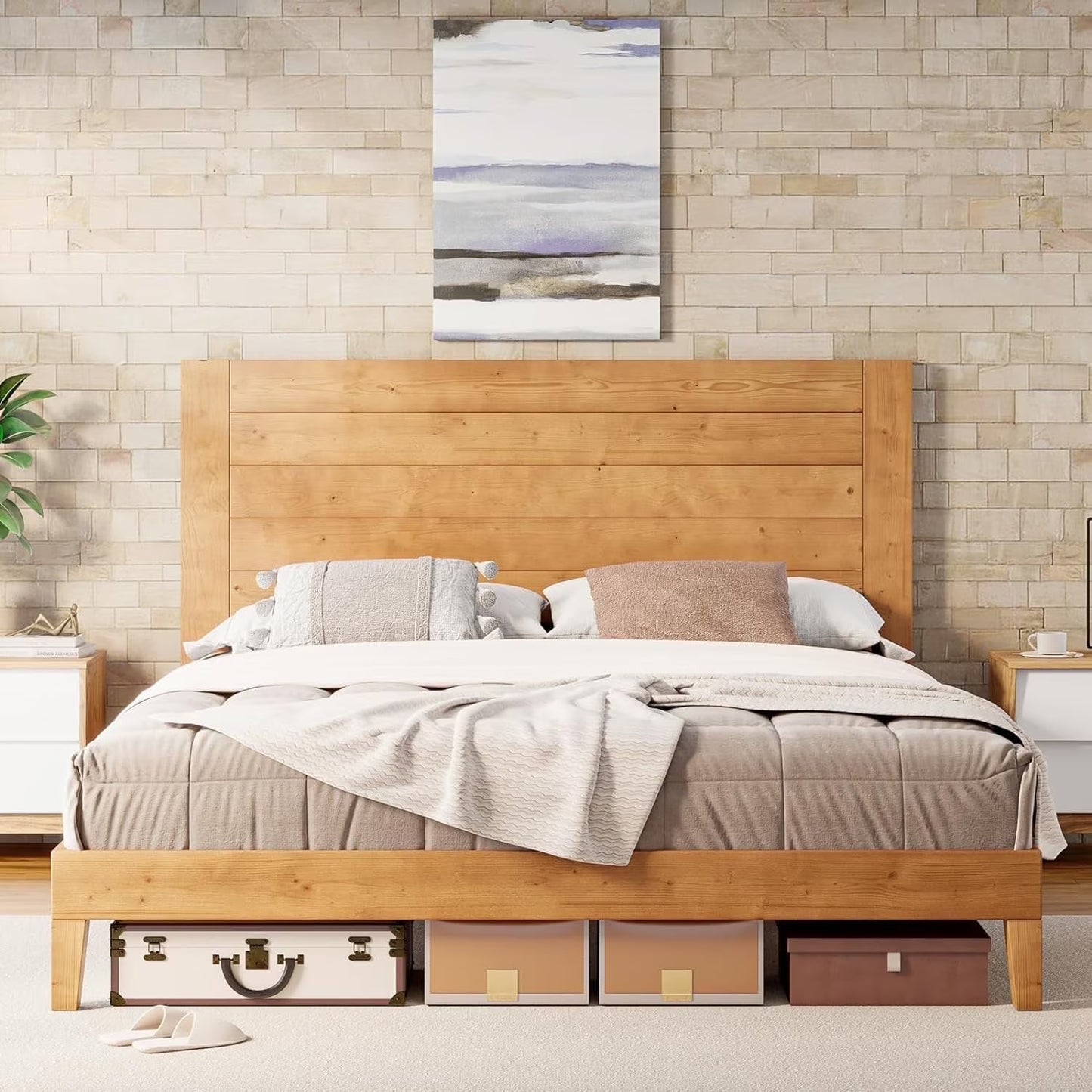 LUXOAK Solid Wood Bed Frame, No Box Spring Needed & High Headboard