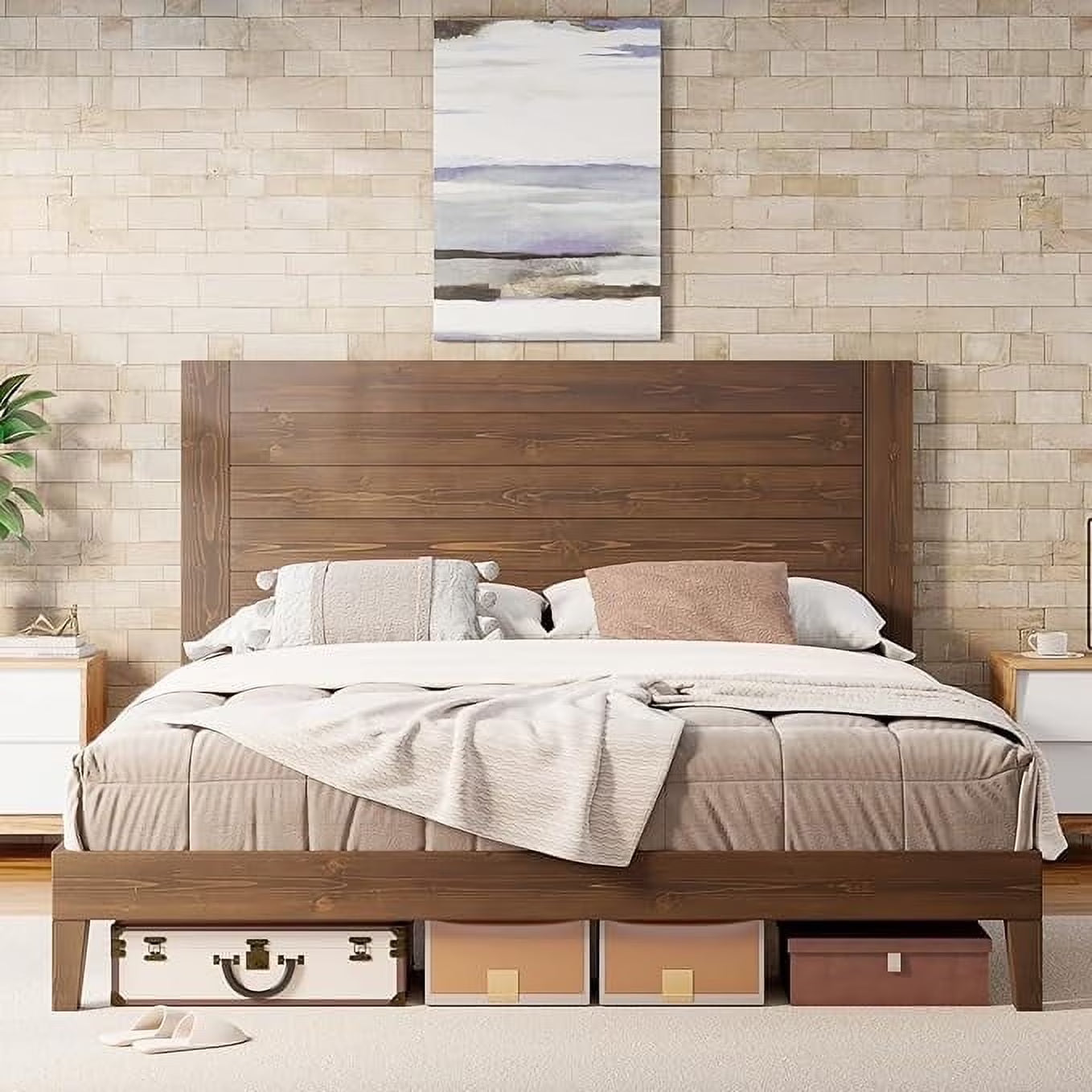 LUXOAK Solid Wood Bed Frame, No Box Spring Needed & High Headboard