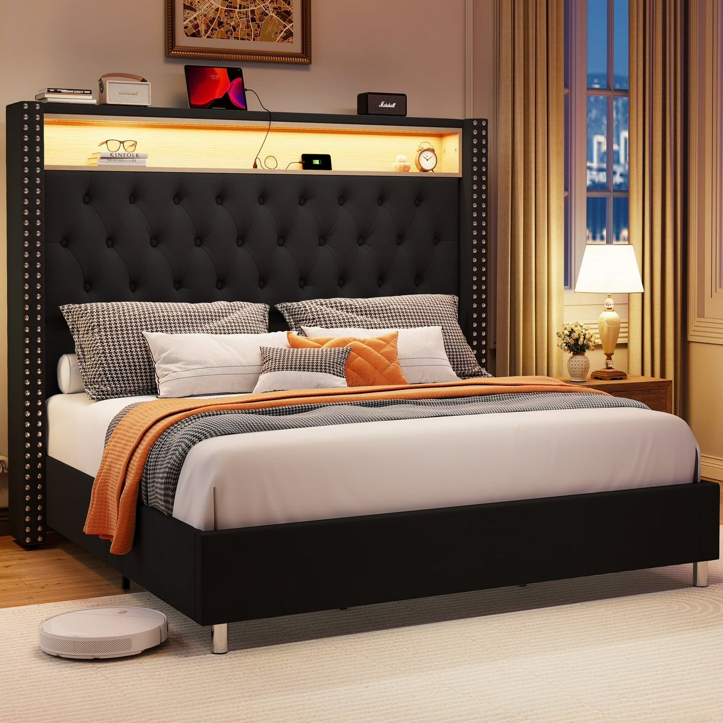LUXOAK LED Bed Frame, Charging Station and Storage Upholstered Headboard/Velvet