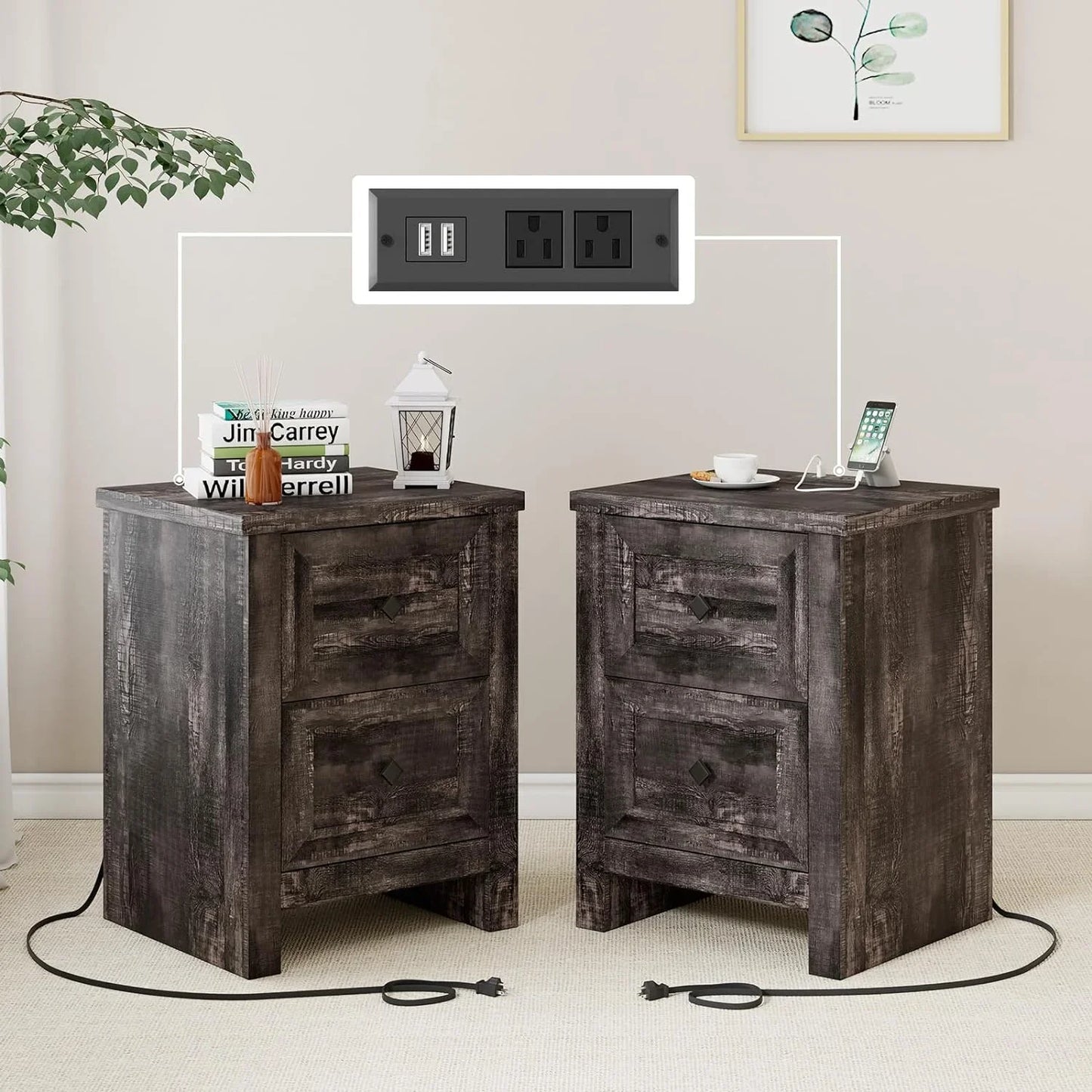 Nightstand Set of 2 with Charging Station, Wood End Table with 2 Drawers Storage Cabinet Grey