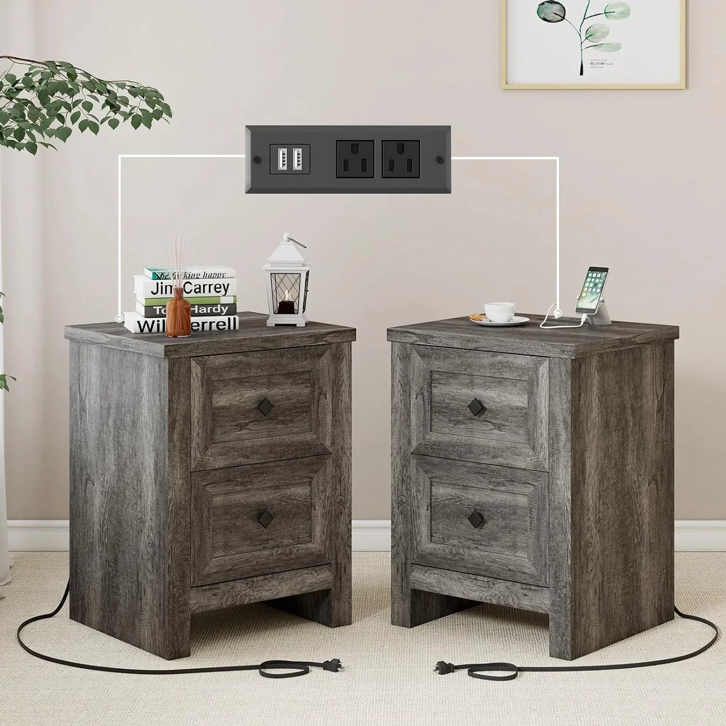 Nightstand Set of 2 with Charging Station, Wood End Table with 2 Drawers Storage Cabinet Grey