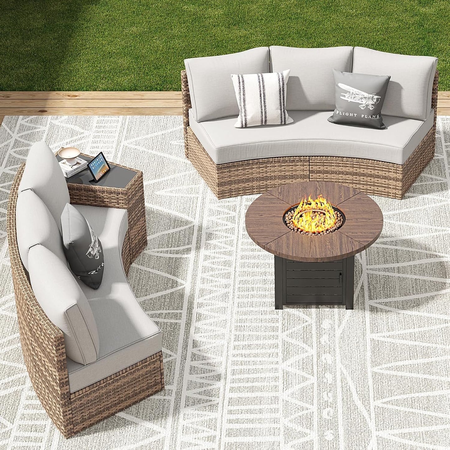 Patio Conversation Set, 11 Piece Half-Moon Sectional Round Patio Furniture Set with Large Storage Wedge Table Wicker Sofa Set