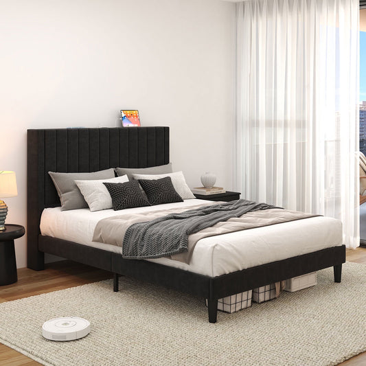 LUXOAK Bed Frame, Noise Free Upholstered Bed with Wood Support