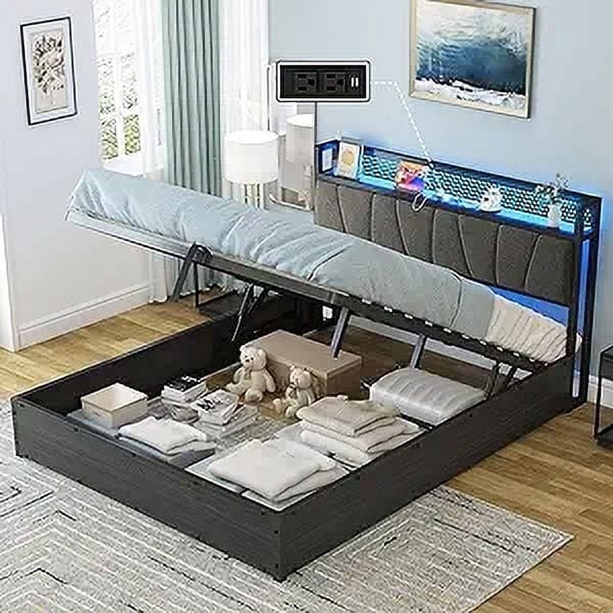 LUXOAK Bed Frame with LED Platform, Lift Up Storage and Linen Headboard