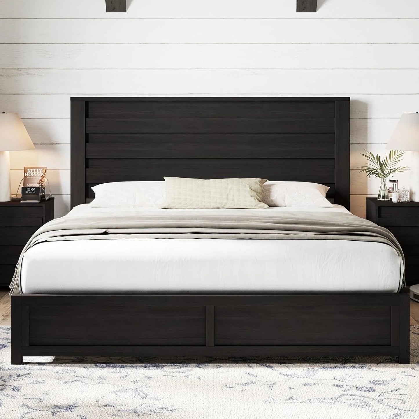 LUXOAK Bed Frame with Natural Wood Platform, 49" Fluted Headboard