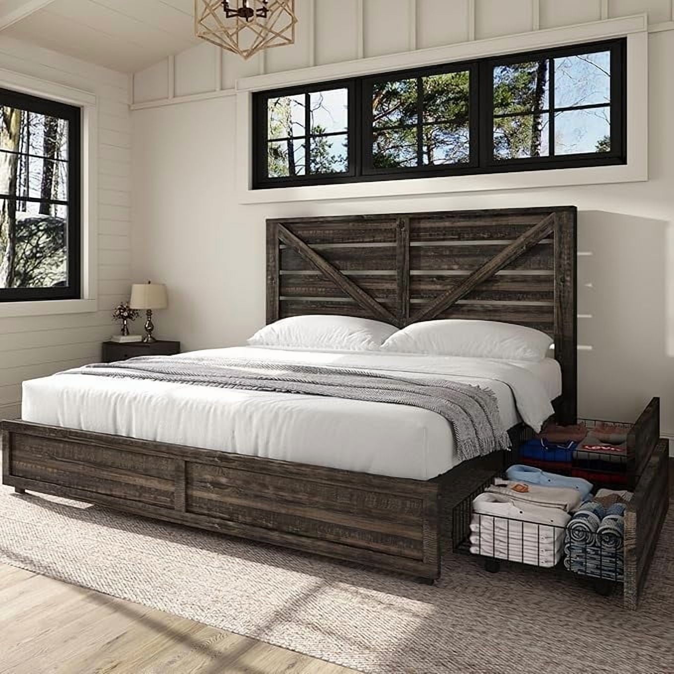 LUXOAK Queen Size Farmhouse Bed Frame with Metal Slats & Easy Assembly, 4 Drawers
