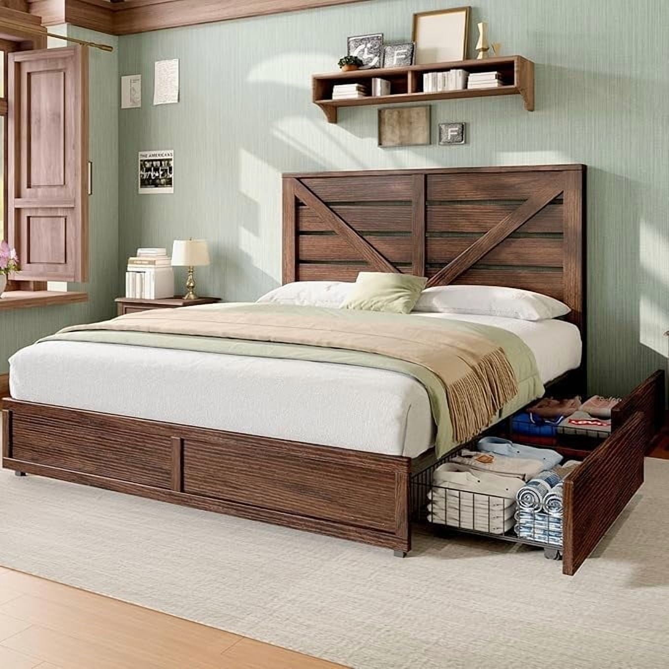LUXOAK Queen Size Farmhouse Bed Frame with Metal Slats & Easy Assembly, 4 Drawers