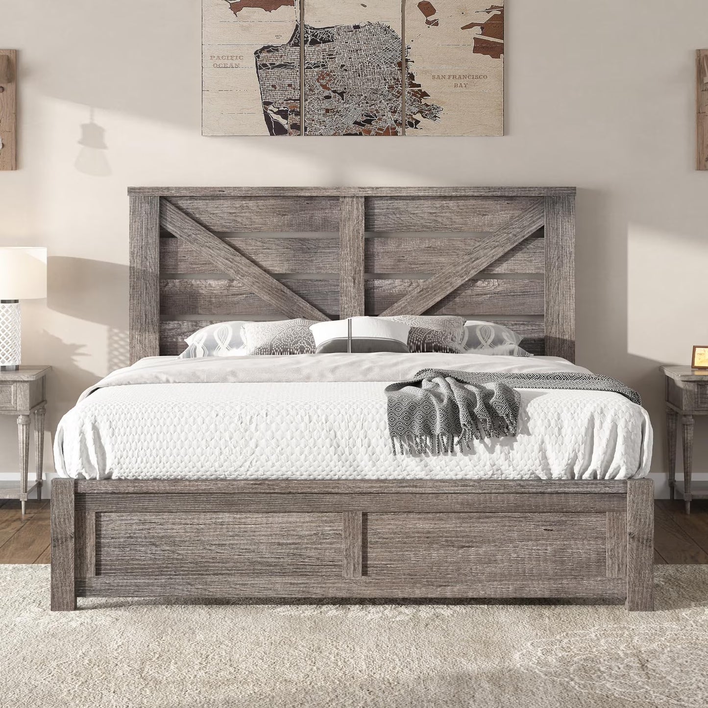 LUXOAK Farmhouse Bed Frame with Rustic Barn Door, Storage Space and Wood Slats
