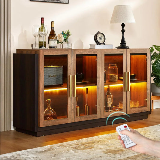 Sideboard Buffet Cabinet with Storage, Modern Wood Glass-Buffet Cabinet with LED Light Brown