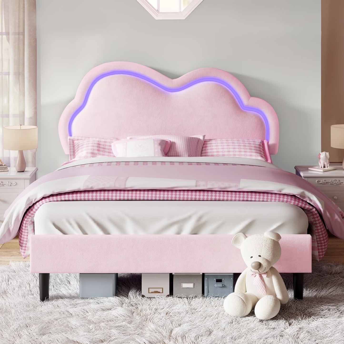 LUXOAK Bed Frame with LED Light, Adjustable Cloud Headboard, No Box Spring Needed
